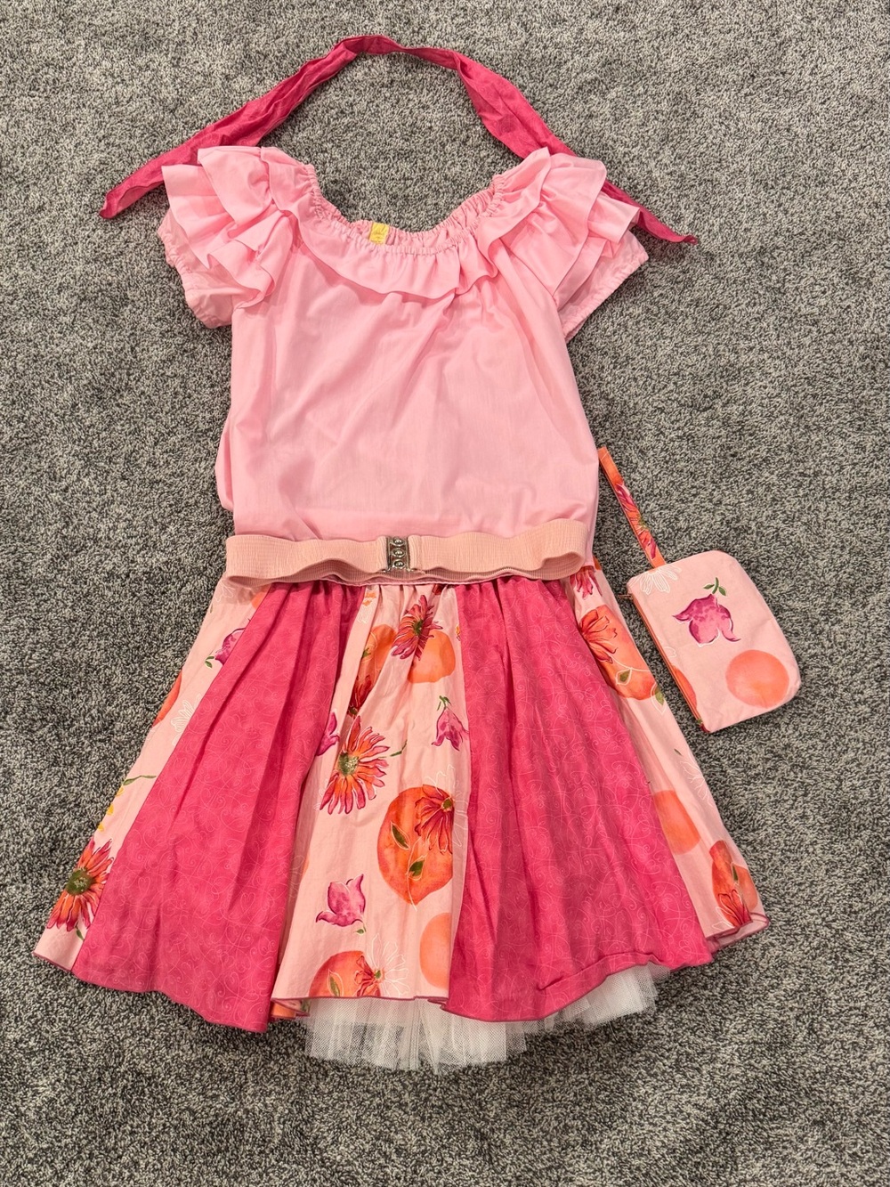 Pink Ruffled Off-Shoulder Top and flower skirt with accessories